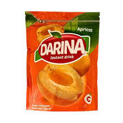 Pulver för aprikosjuice, Darina instant drink, orange förpackning med aprikosbild.