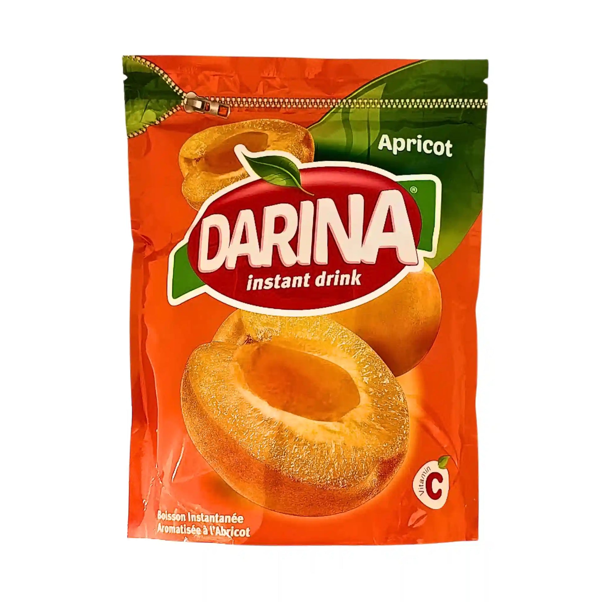 Pulver för aprikosjuice, Darina instant drink, orange förpackning med aprikosbild.