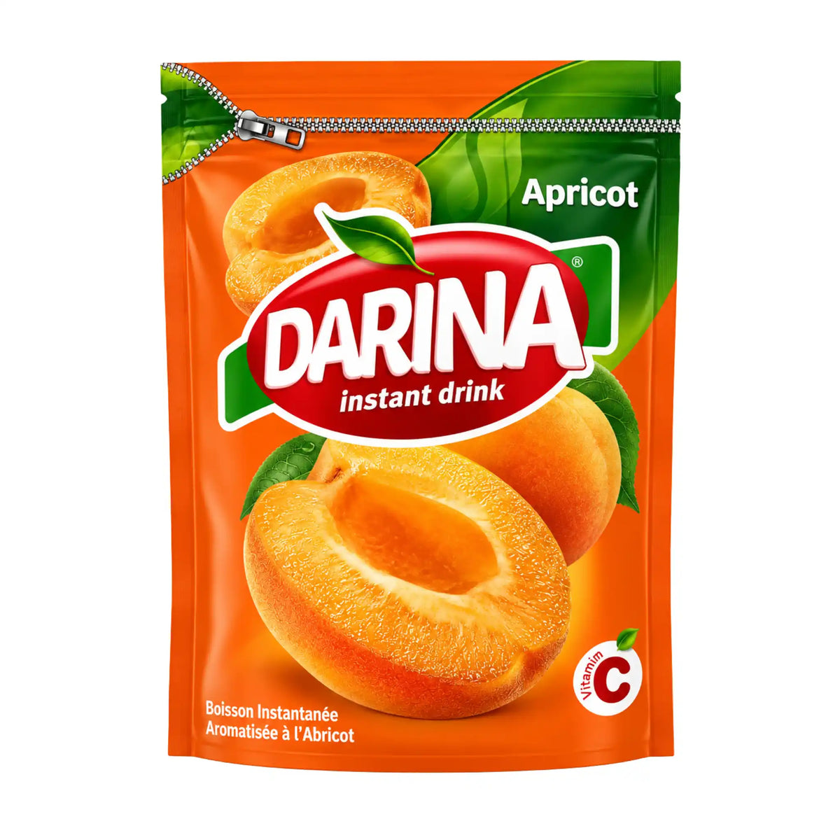Darina aprikoskryddat dryckespulver i orange påse, försluten med dragkedja