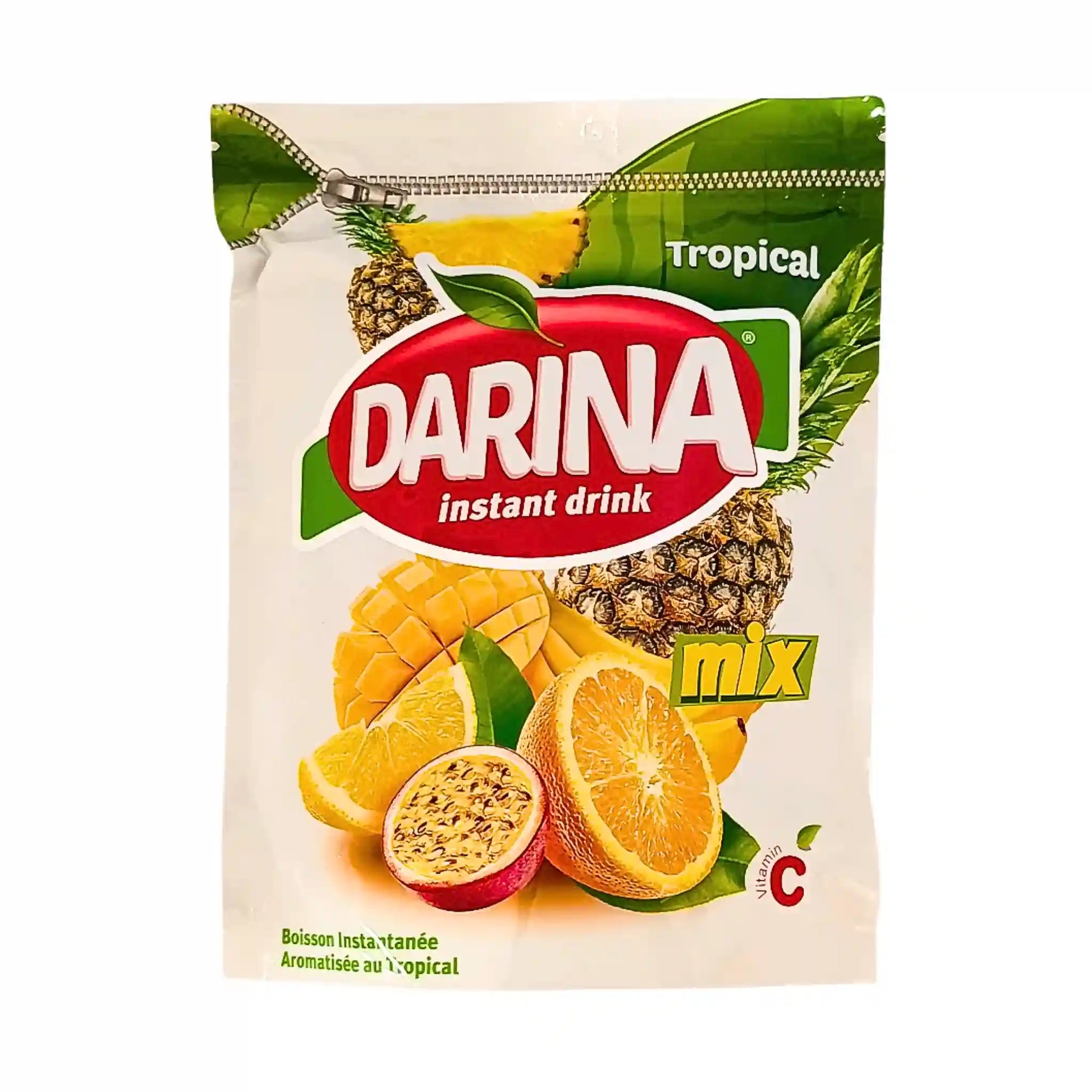 Darina Tropical juicepulver med ananas, apelsin, passionsfrukt och mango på vit förpackning