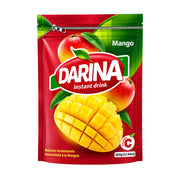 Mangojuicepulver i påse med Darina-motiv och mangoillustrationer, röd/grön förpackning