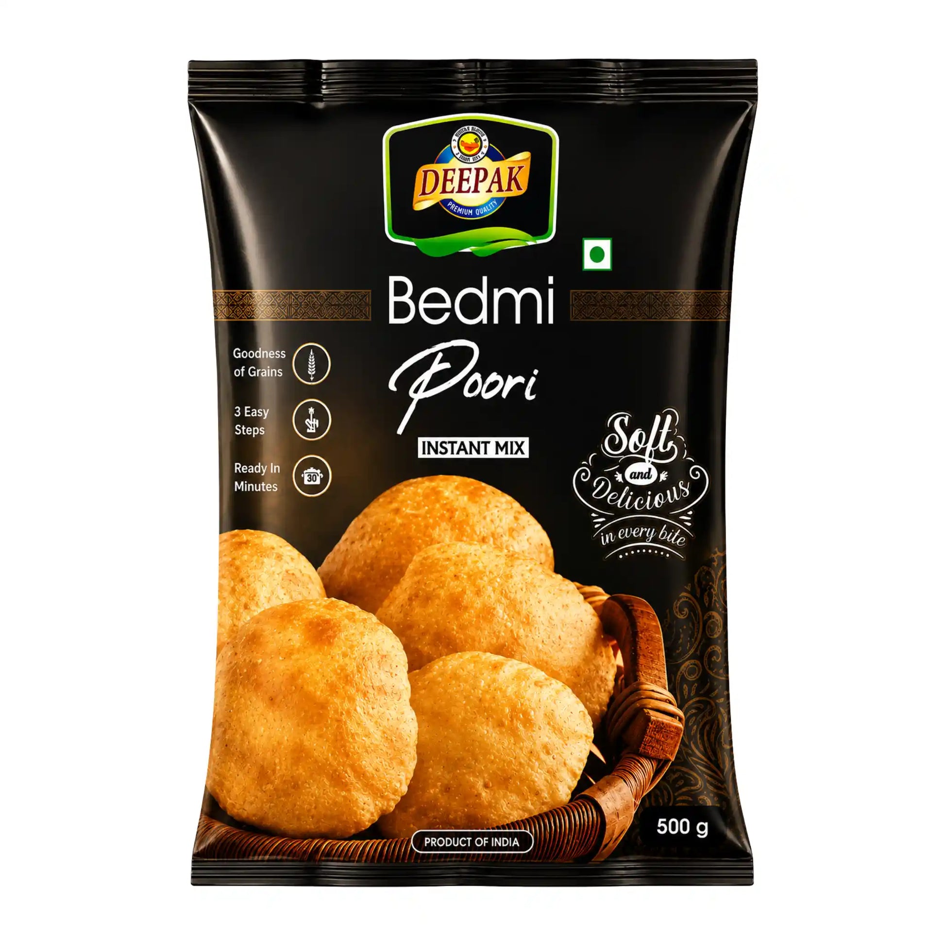 500g förpackning av Deepak Bedmi Poori Mix för tillagning av indiska friterade linsbröd.