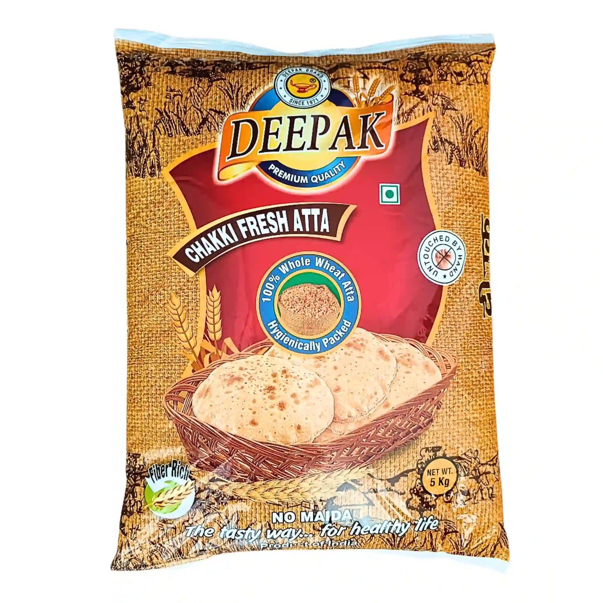 Deepak Chakki Fresh Atta 5 kg paket, fullkornsvetemjöl med bild på färska rotis