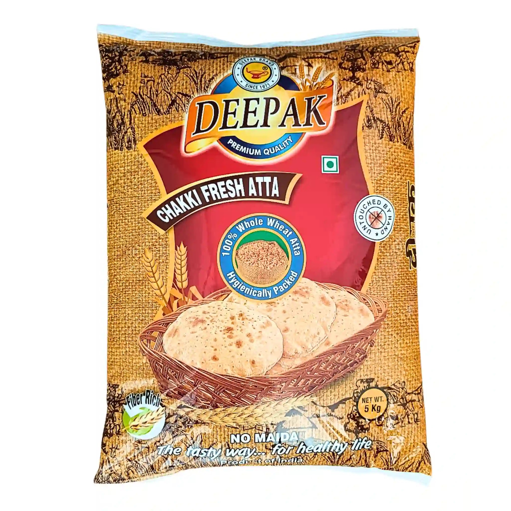 Deepak Chakki Fresh Atta 5 kg paket, fullkornsvetemjöl med bild på färska rotis