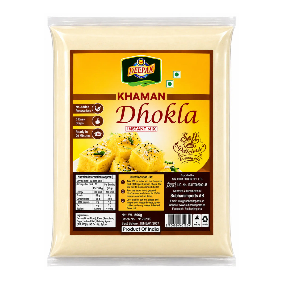 Förpackning med Deepak Khaman Dhokla indisk kikärtskaksmix 500g.
