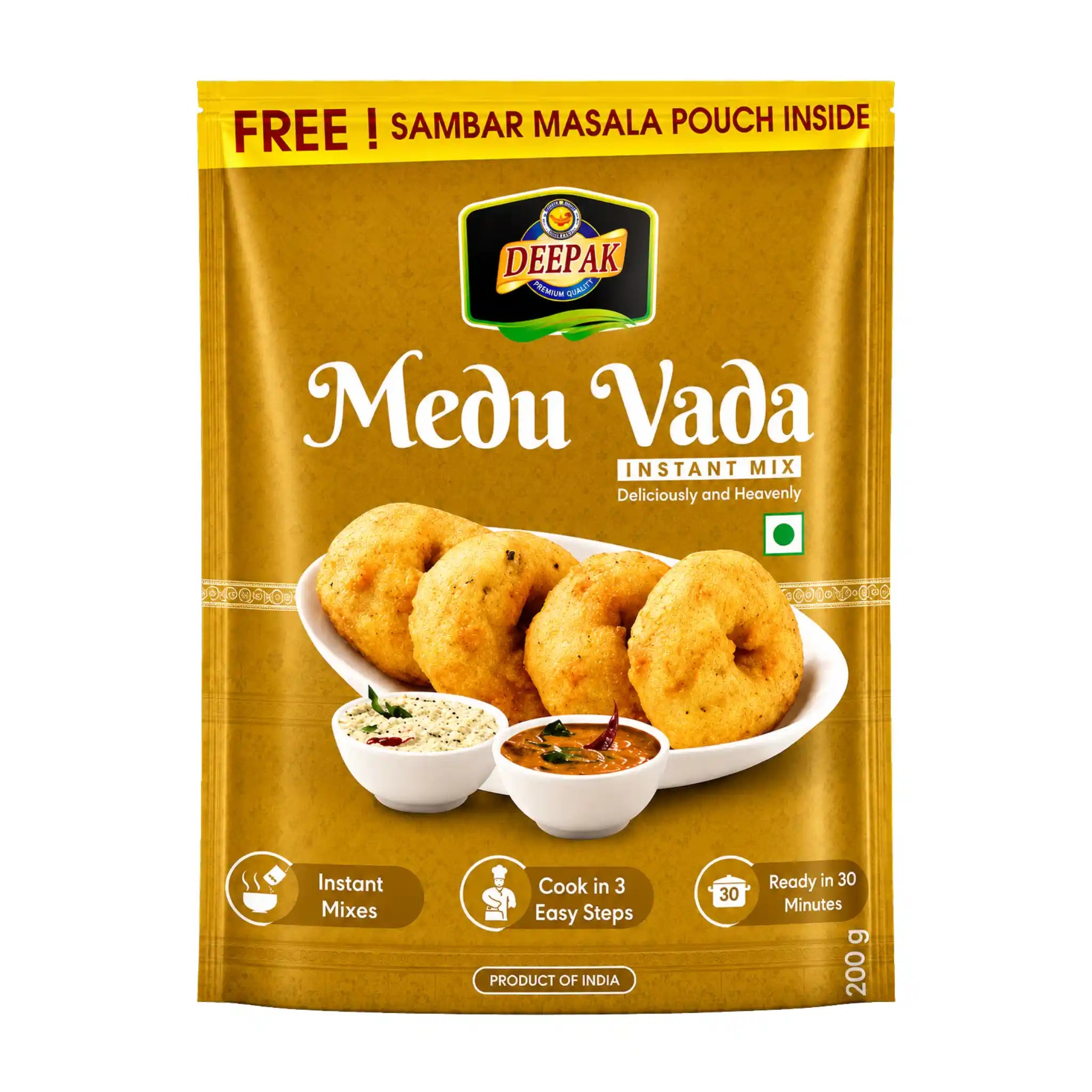 200g förpackning av Deepak Medu Vada Mix för tillagning av indiska friterade linsdonuts.