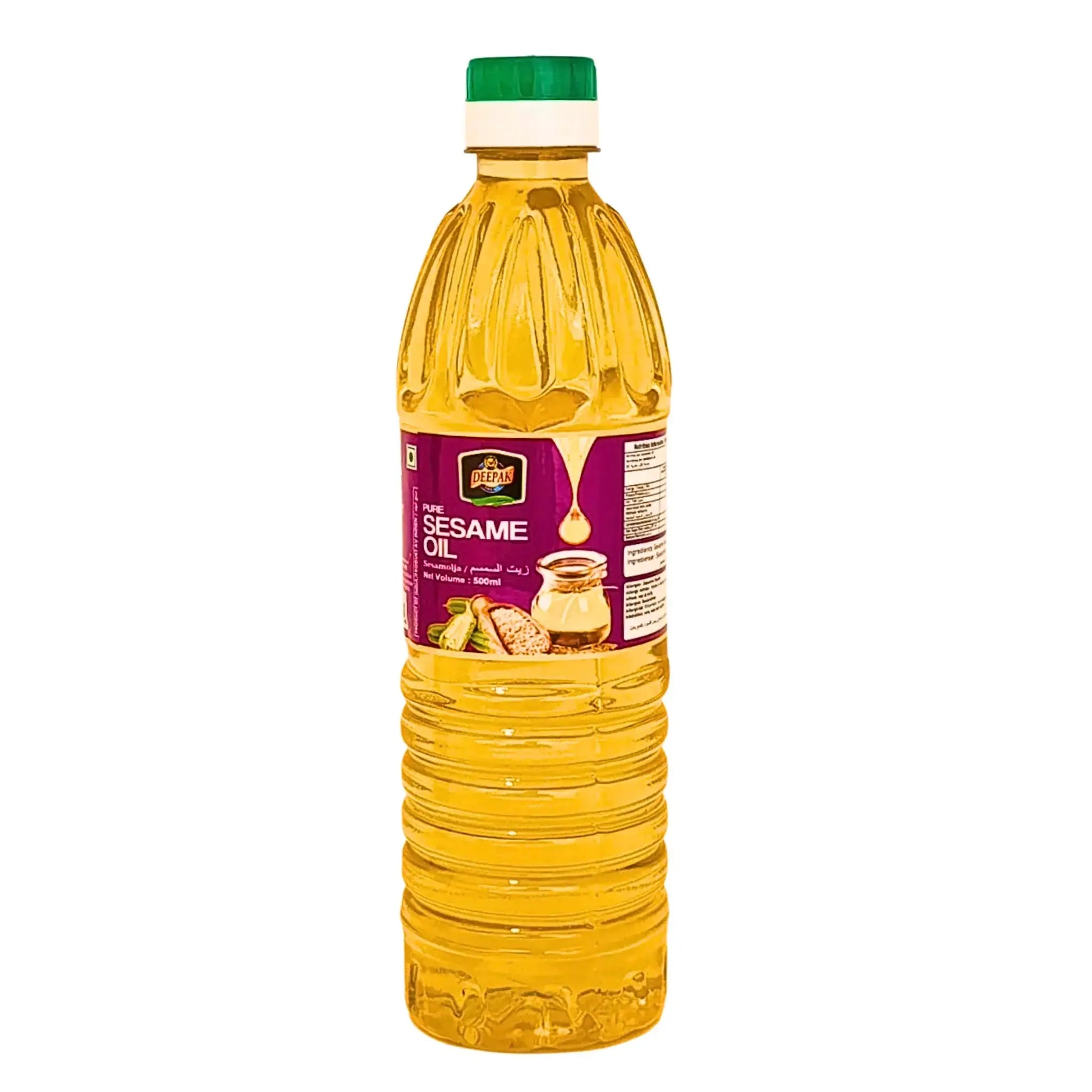 Sesamolja 500ml plastflaska med grön kork och lila etikett, orientaliska matvaror