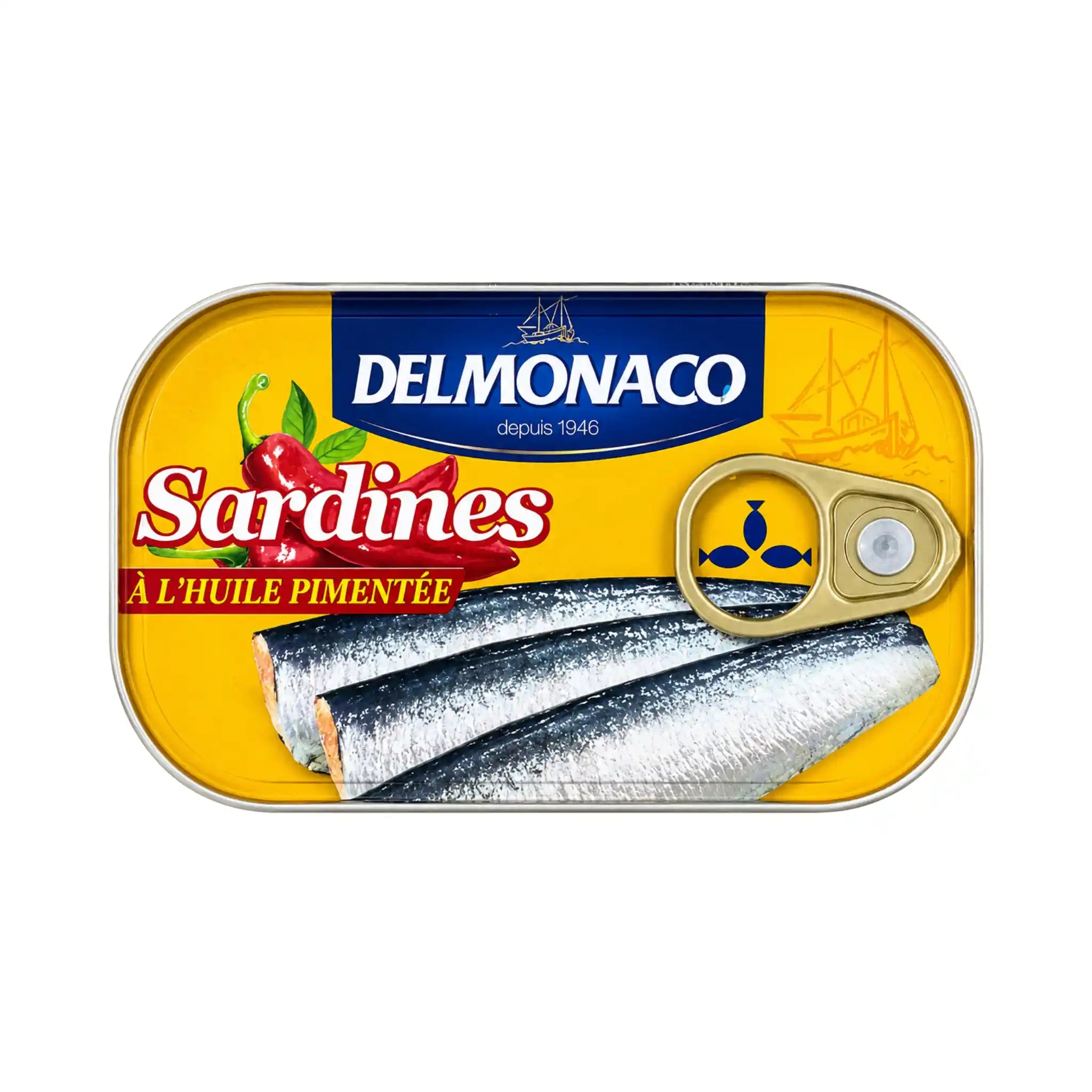 Delmonaco sardiner i olja, kryddiga i konservburk med gul etikett och lock.