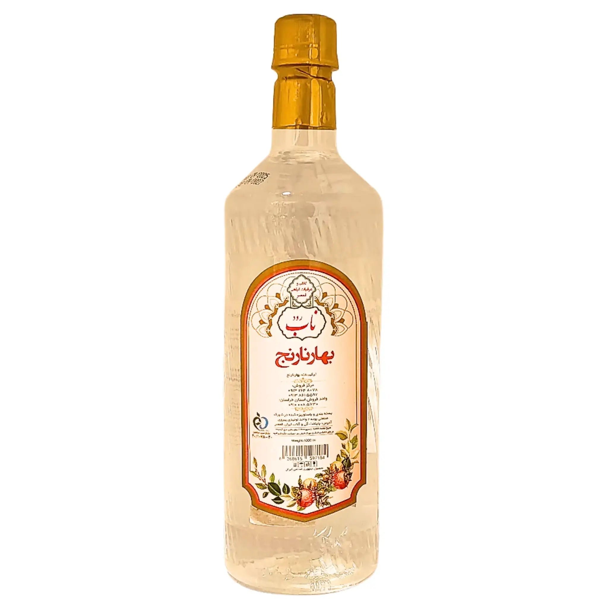 Flaska med apelsinblomvatten, orientaliskt extrakt, 1 liter, vit etikett och guldlock.
