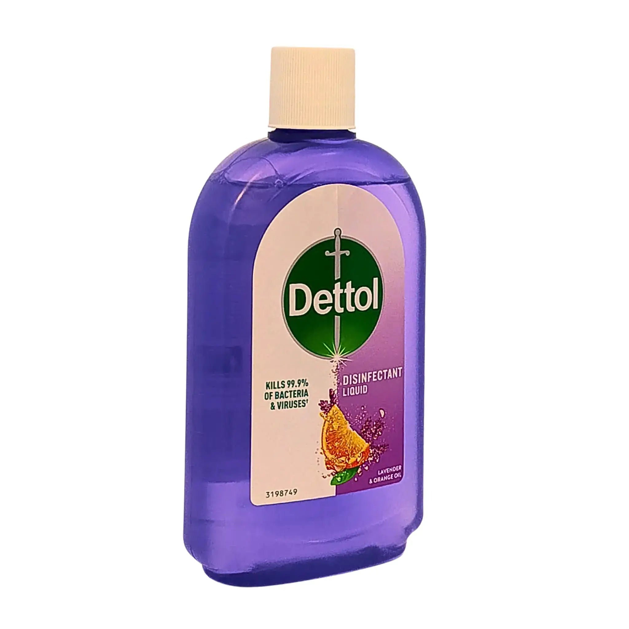 Lila flaska desinfektionsmedel 500 ml, etikett med lavendel och apelsin, vit kork
