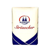 1 kg förpackning Diamant strösocker, vitt och blått paket, svensk sockerprodukt.