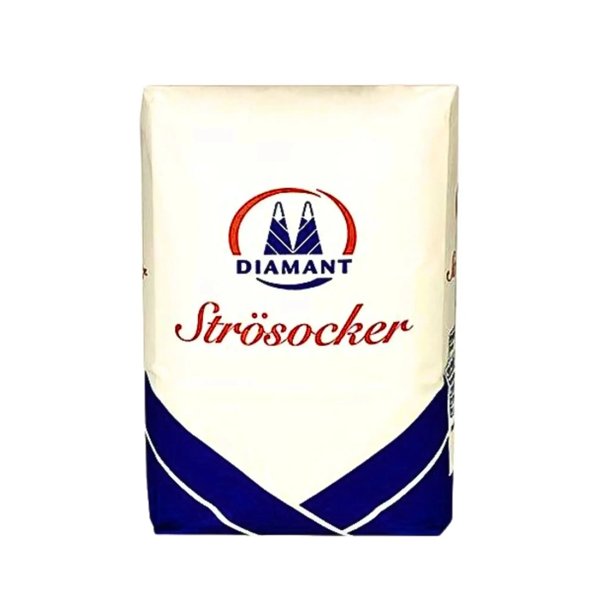 1 kg förpackning Diamant strösocker, vitt och blått paket, svensk sockerprodukt.