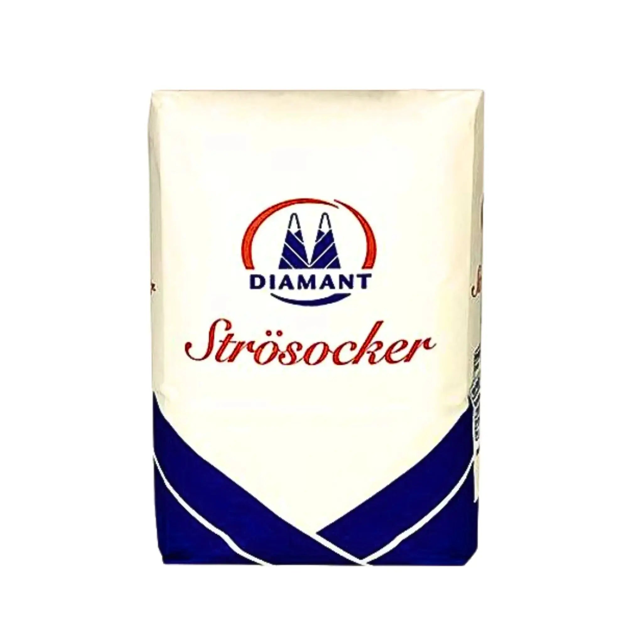 1 kg förpackning Diamant strösocker, vitt och blått paket, svensk sockerprodukt.