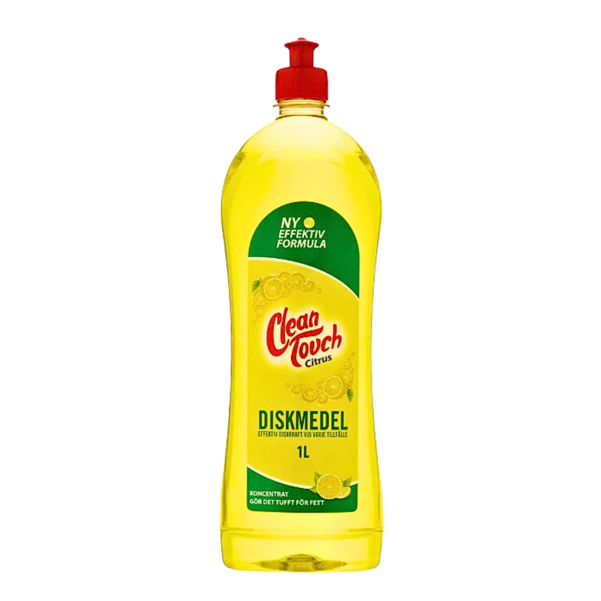 Diskmedel Clean Touch citrusflaska 1L, gul vätska med röd kork och citrusmotiv.