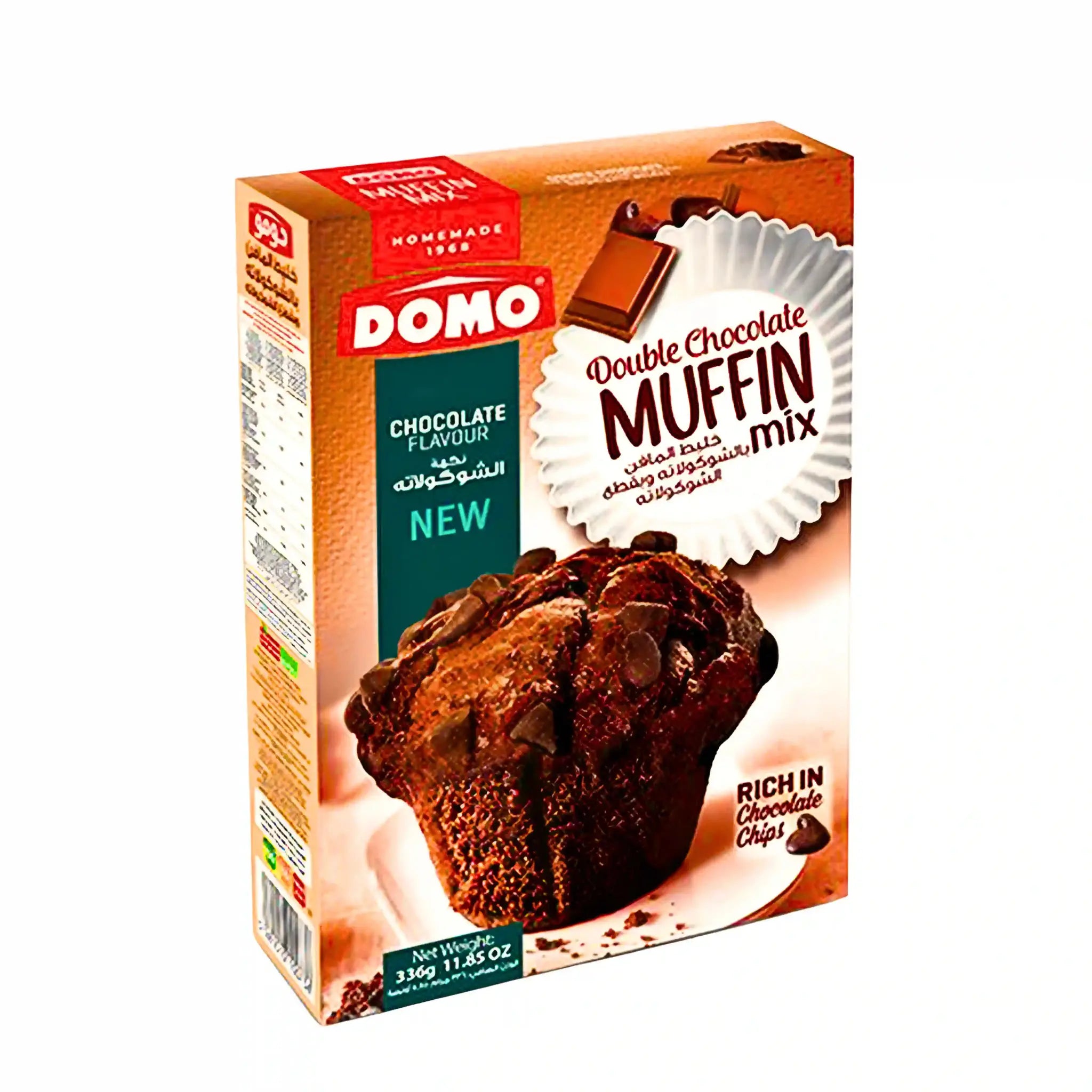 Domo dubbel choklad muffinmix 336g för saftiga chokladmuffins med chokladbitar.