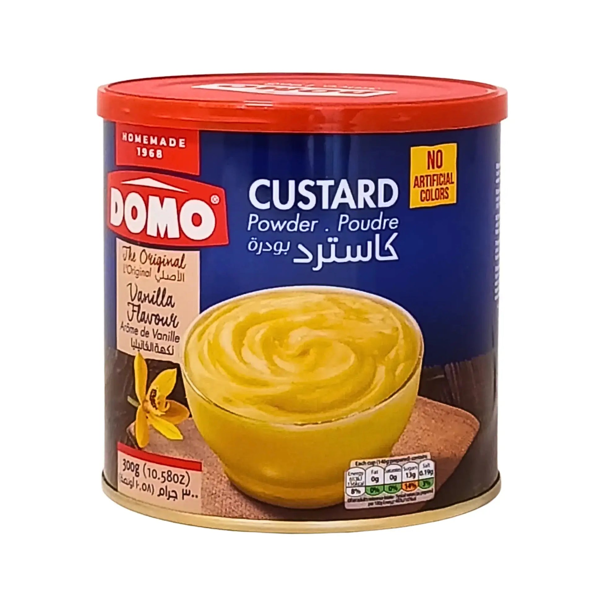 Domo vaniljkrämspulver 300g burk med bild på gul vaniljkräm i skål