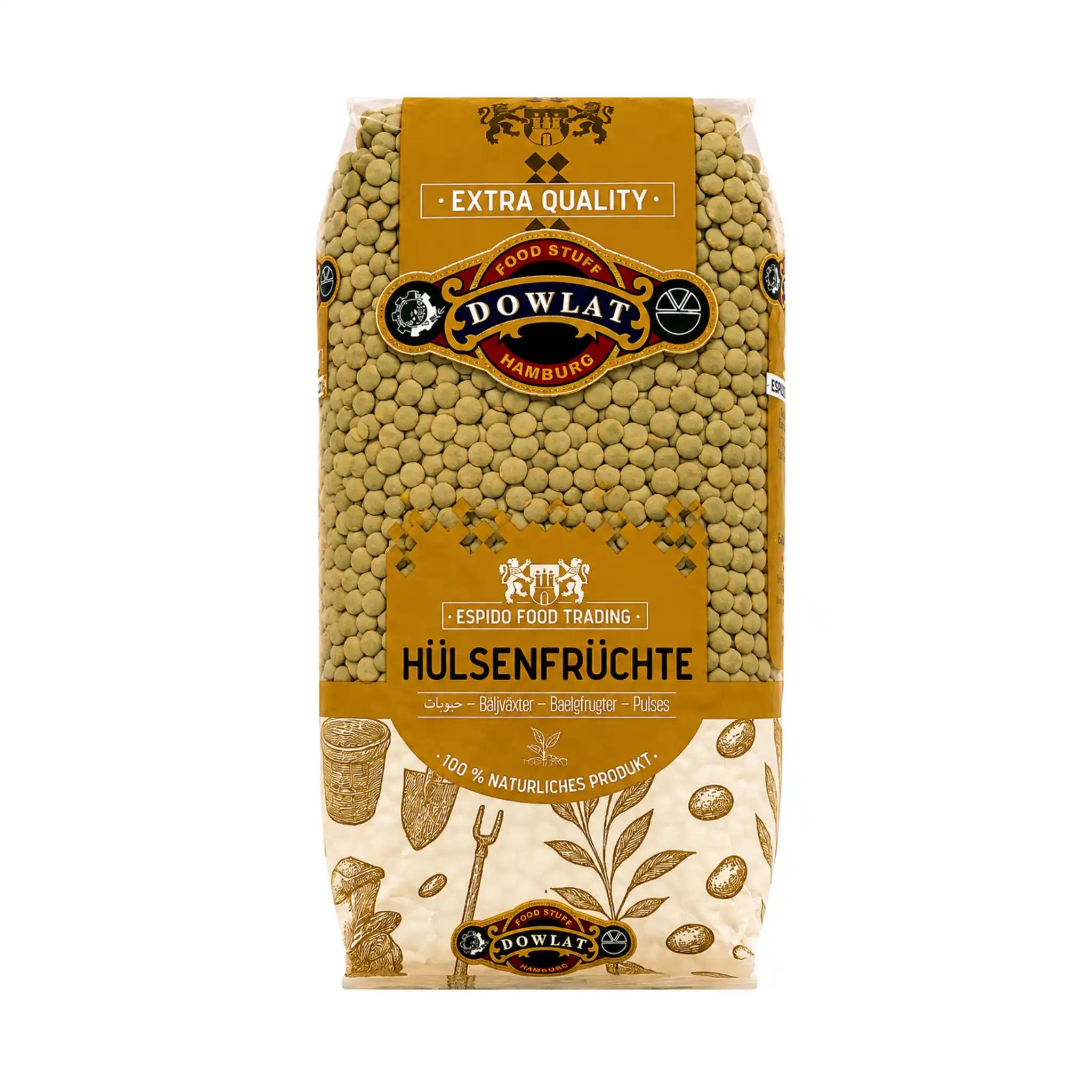 Påse Dowlat gröna linser (1 kg) med etiketter och synliga linser