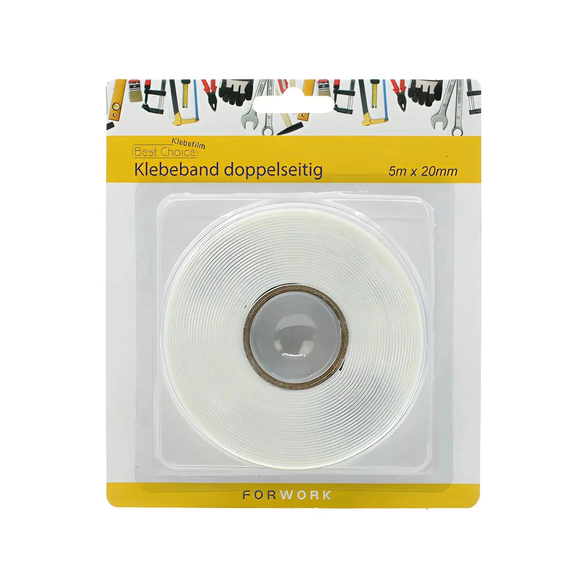 Dubbelhäftande tejp i förpackning, 5m x 20mm, verktygsmotiv i bakgrunden