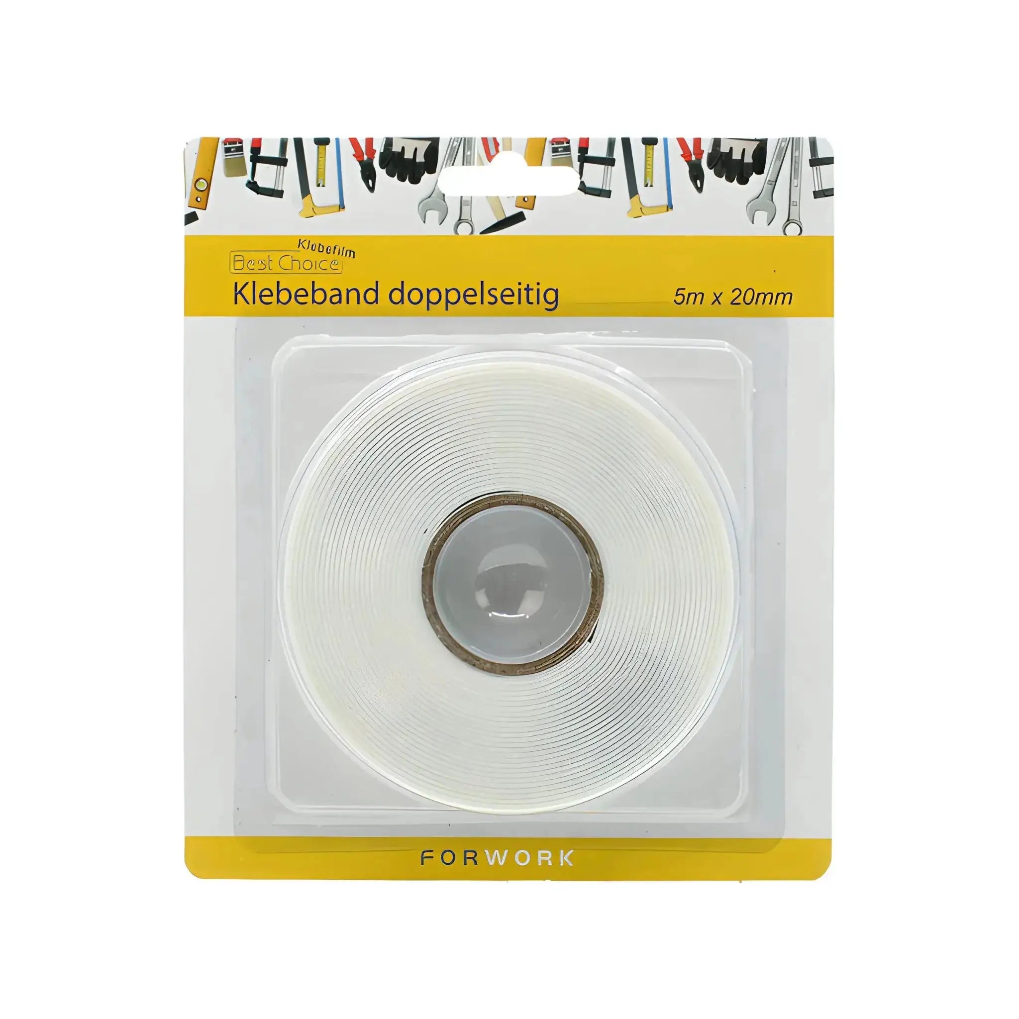 Dubbelhäftande tejp i förpackning, 5m x 20mm, verktygsmotiv i bakgrunden