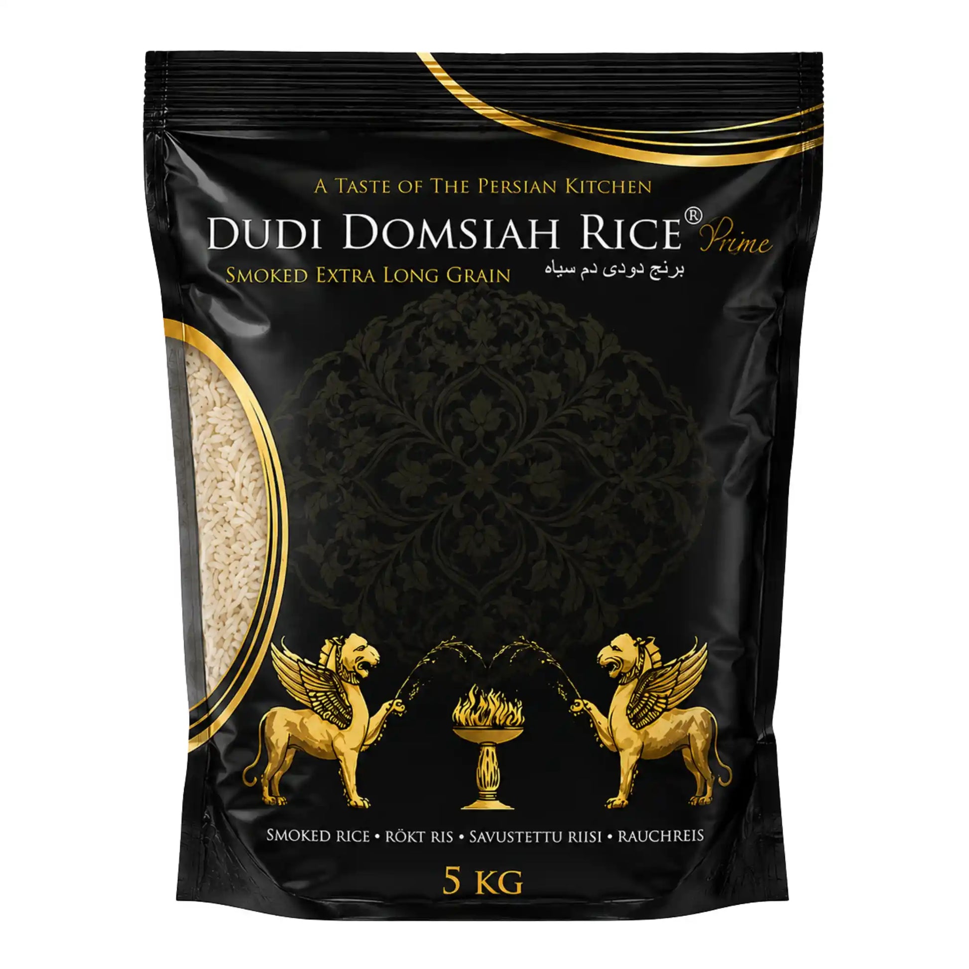 Rökt ris i svart påse med gulddetaljer, 5 kg.