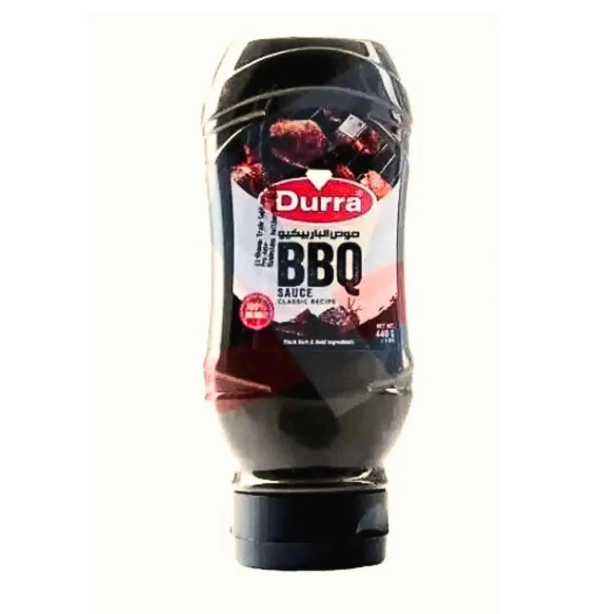 Durra BBQ-sås 440g plastflaska, orientaliskt grillsås, etikett med köttillustration