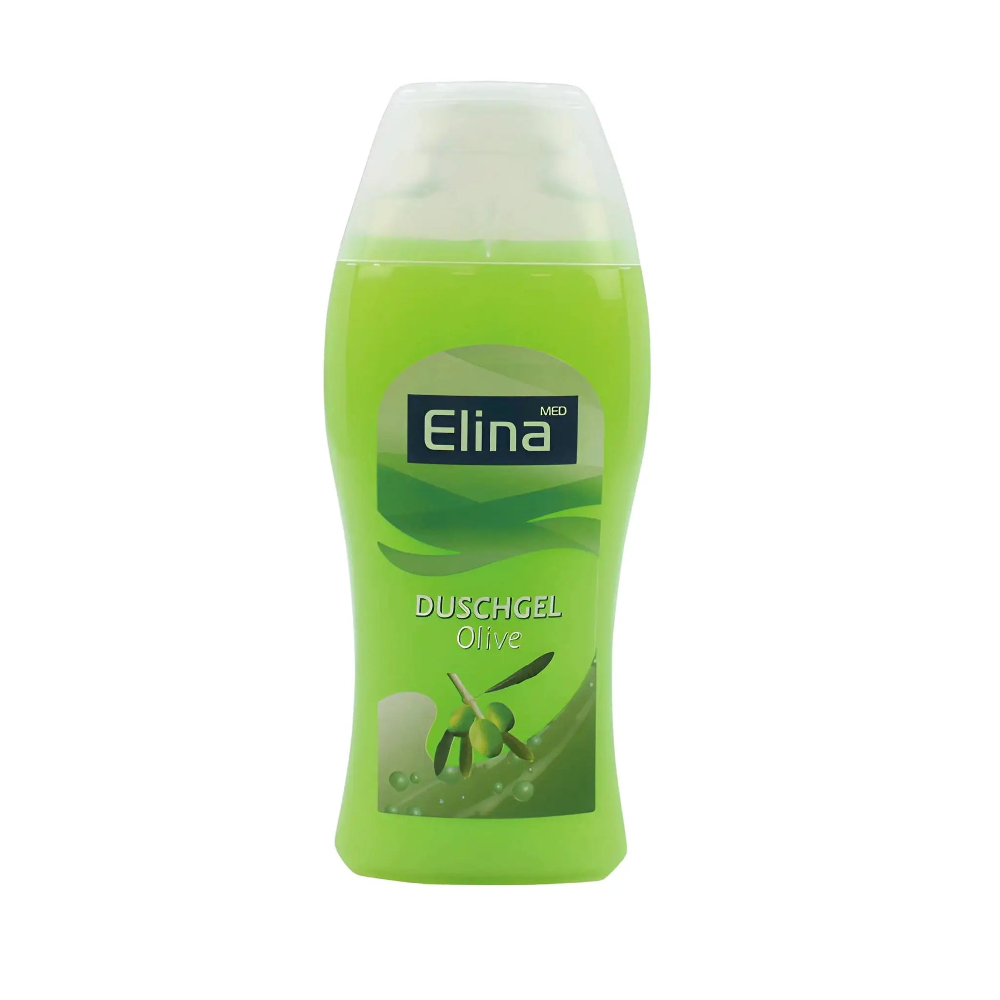 Elina duschgel oliv, grön flaska med olivmotiv, hudvård, kroppstvål