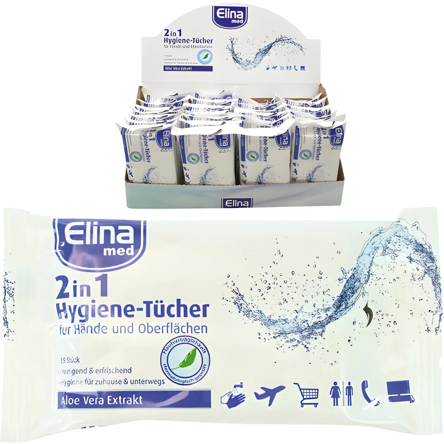 2-i-1 desinfektionsservetter för händer och ytor, Elina med aloe vera extrakt, förpackning