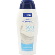 Flaska med Elina Bodymilk Soft Care, mjukgörande kroppslotion för torr hud, vit och blå design.