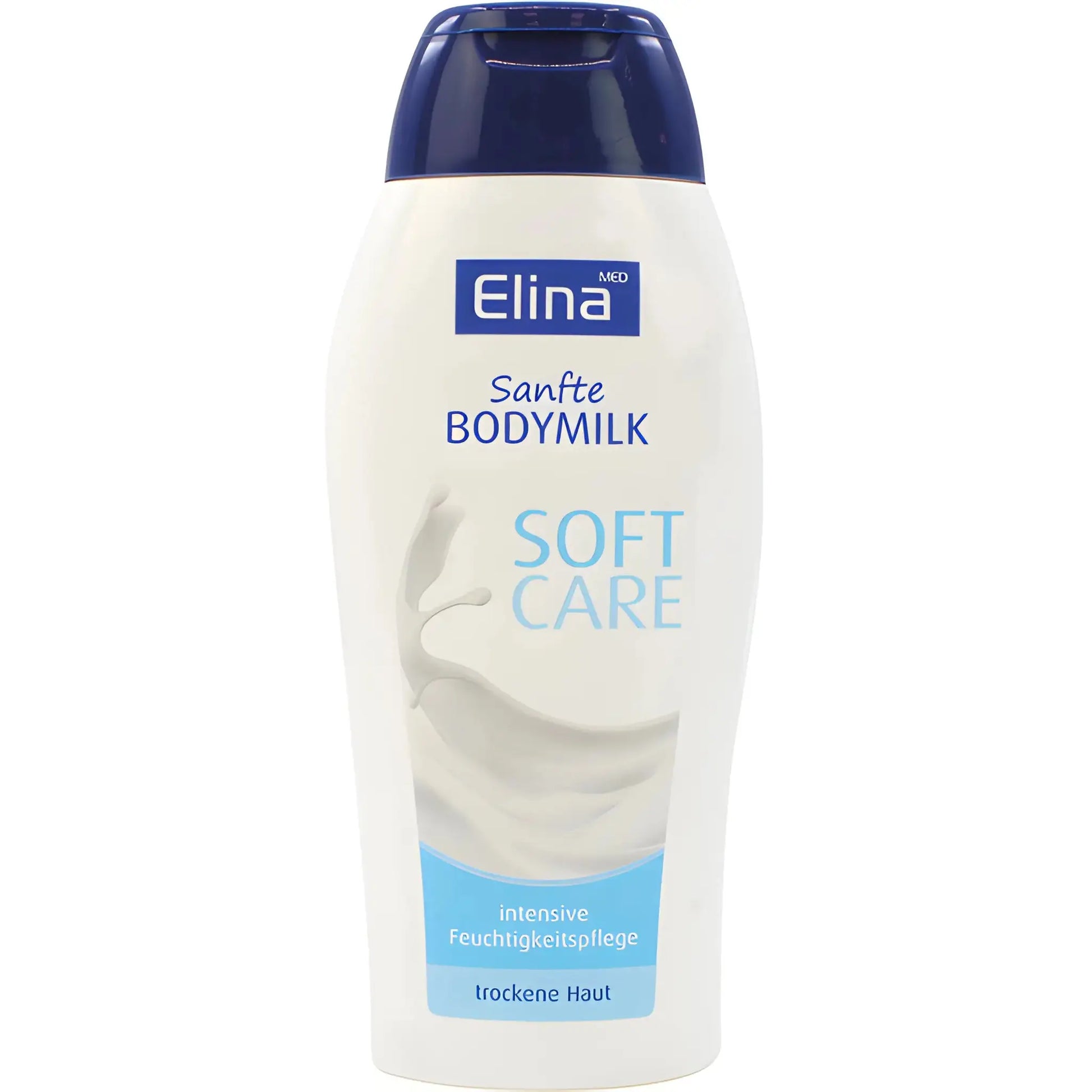 Flaska med Elina Bodymilk Soft Care, mjukgörande kroppslotion för torr hud, vit och blå design.