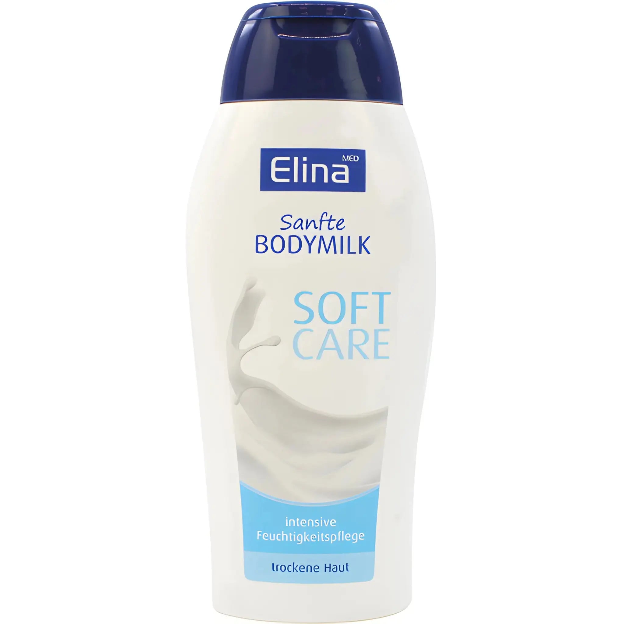 Flaska med Elina Bodymilk Soft Care, mjukgörande kroppslotion för torr hud, vit och blå design.