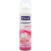 Elina deodorant spray Sensual Care med blommotiv, rosa och vit förpackning.