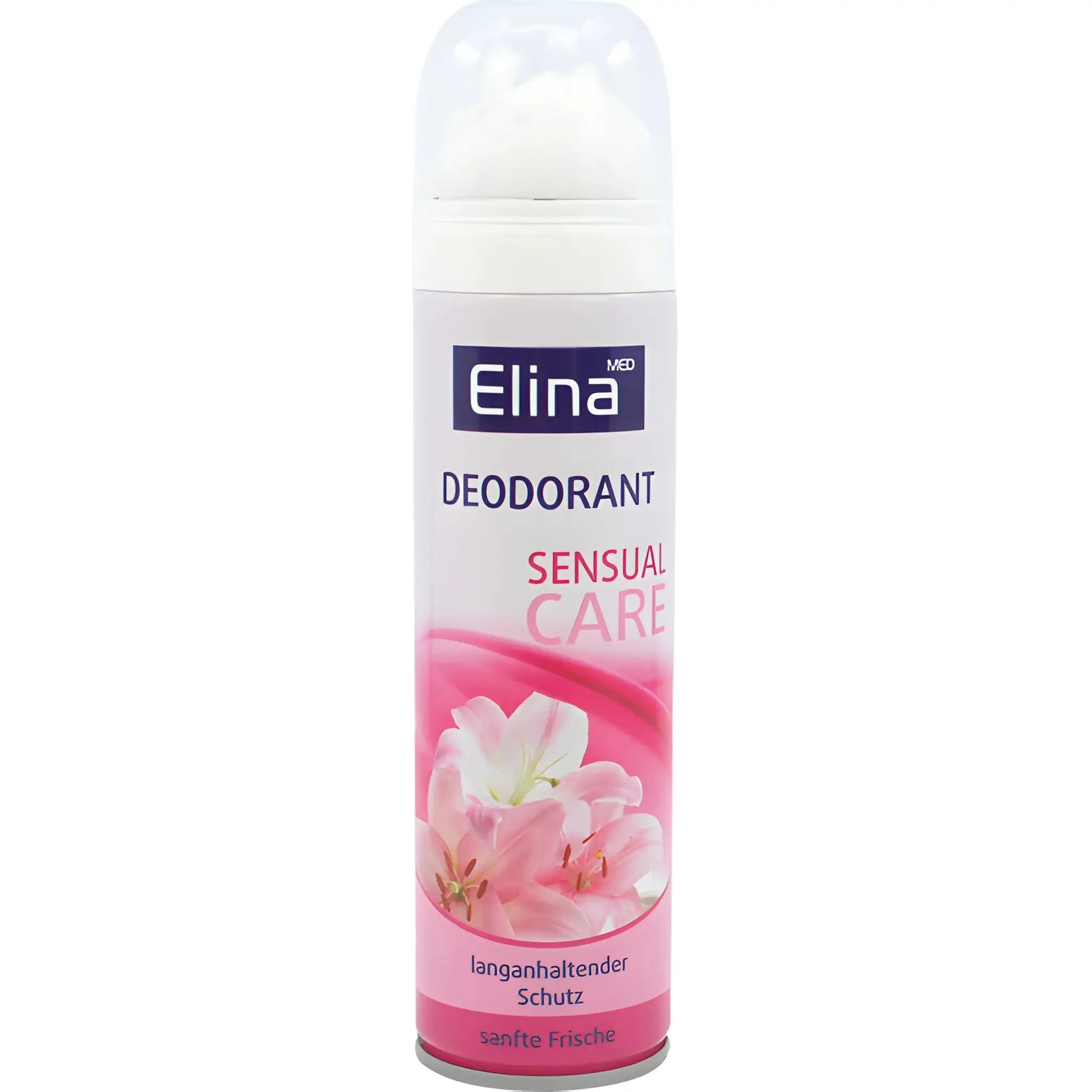 Elina deodorant spray Sensual Care med blommotiv, rosa och vit förpackning.