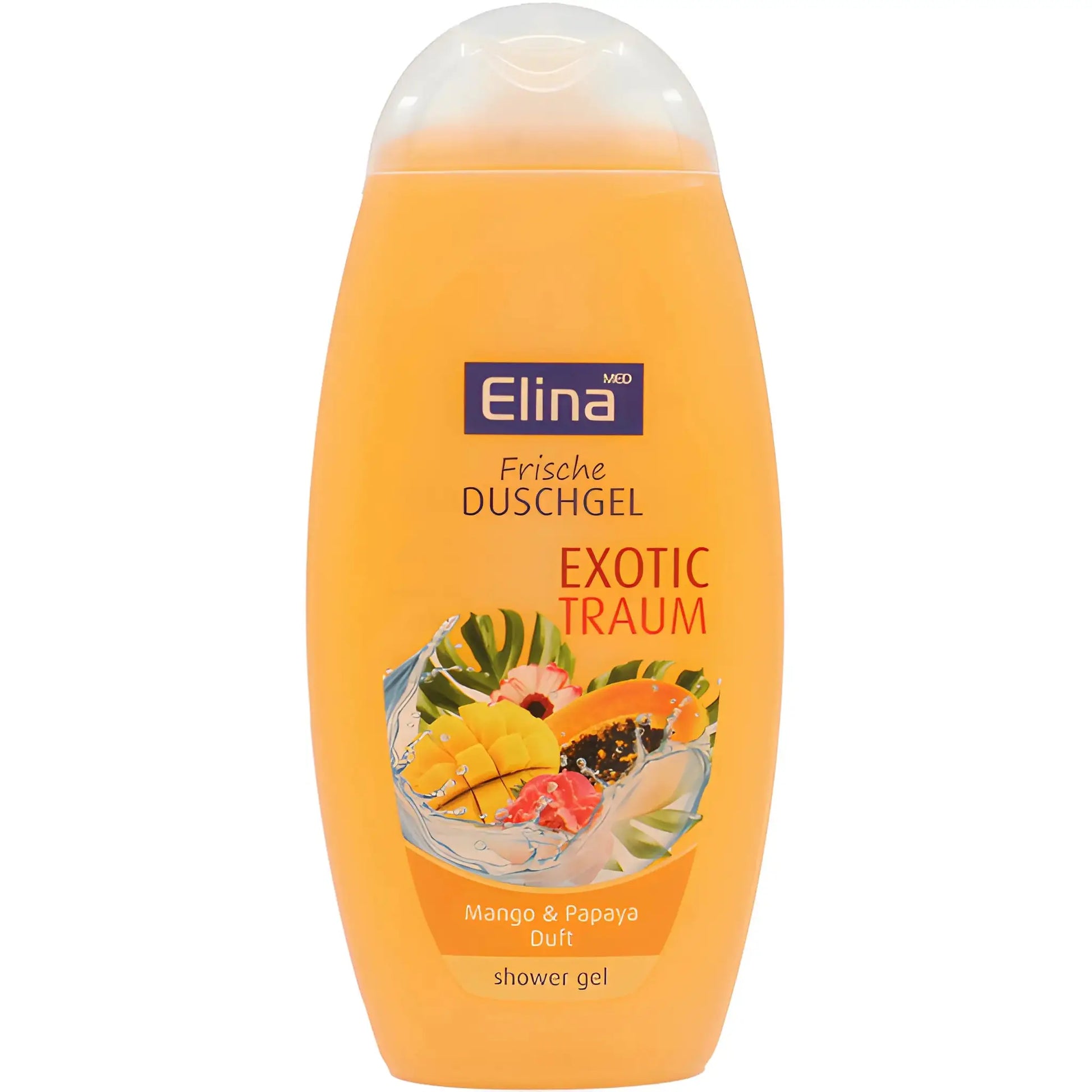 Elina duschgel Exotic Traum med doft av mango och papaya, orange flaska, exotisk design