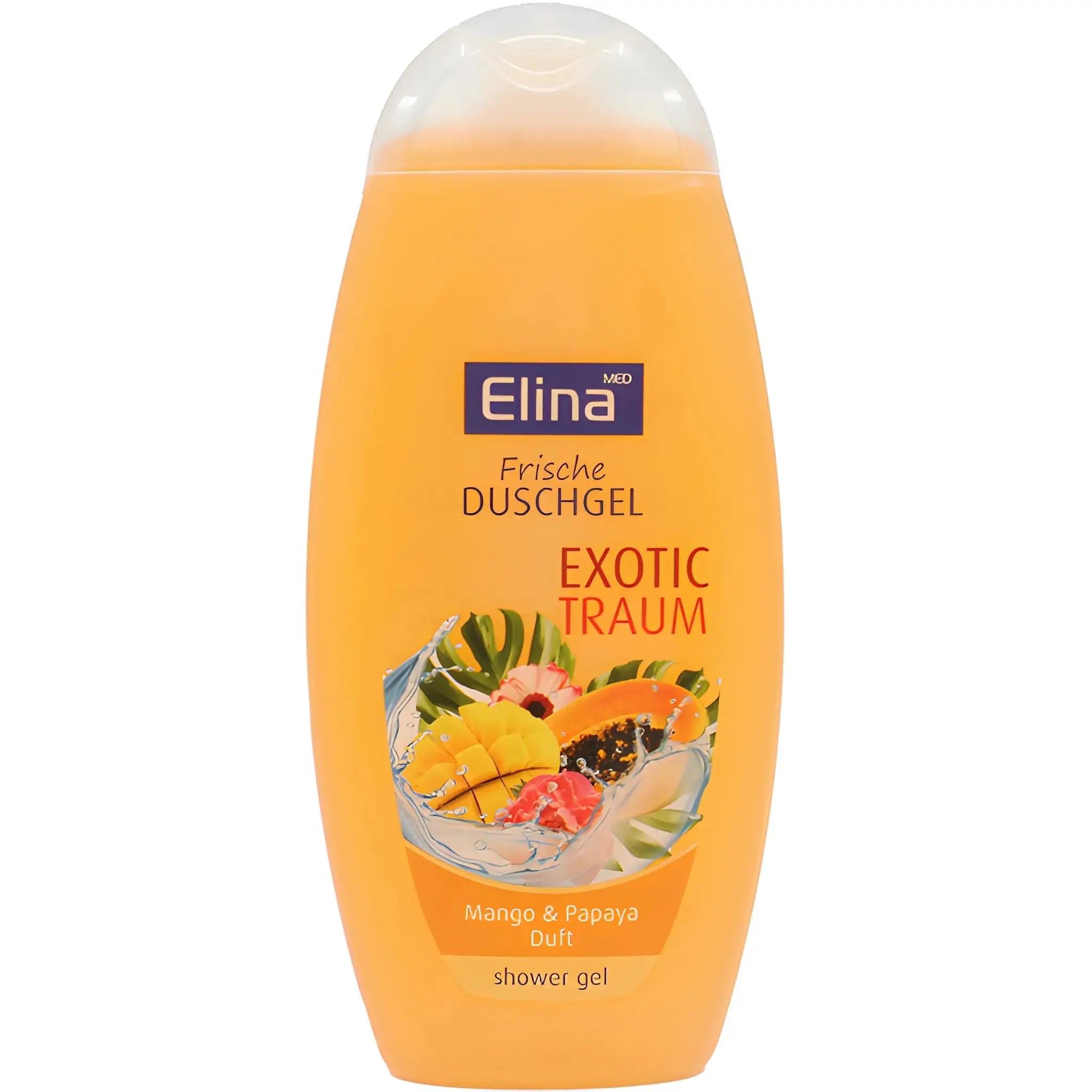 Elina duschgel Exotic Traum med doft av mango och papaya, orange flaska, exotisk design