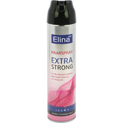 Hårspray burk Elina Extra Strong, silver och rosa design, stark stadga för alla hårtyper.