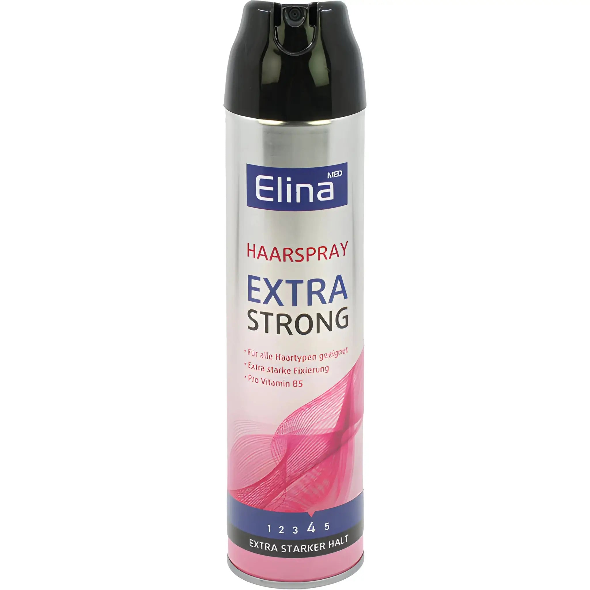 Hårspray burk Elina Extra Strong, silver och rosa design, stark stadga för alla hårtyper.
