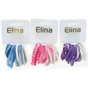 Flera Elina hårband i blå, rosa och lila färger på vita förpackningar.