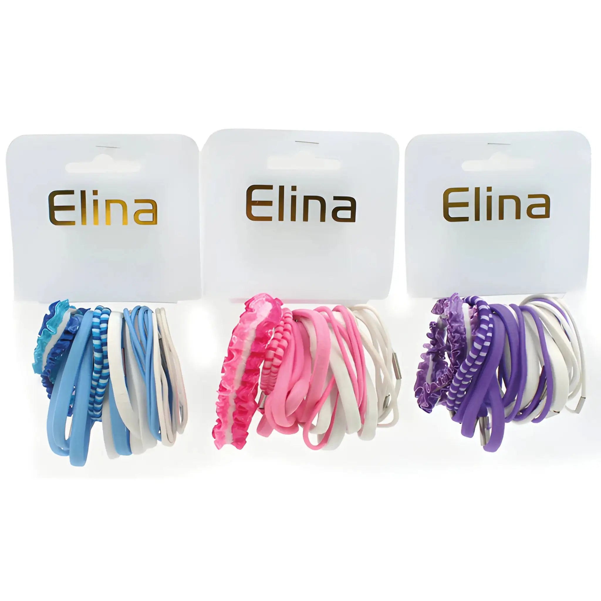 Flera Elina hårband i blå, rosa och lila färger på vita förpackningar.