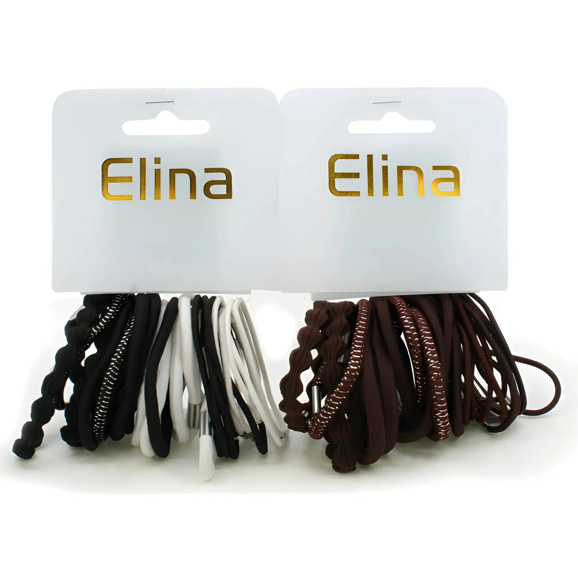 Elina hårsnoddar i svart, vitt och brunt, 24-pack på två kort med varierade mönster.