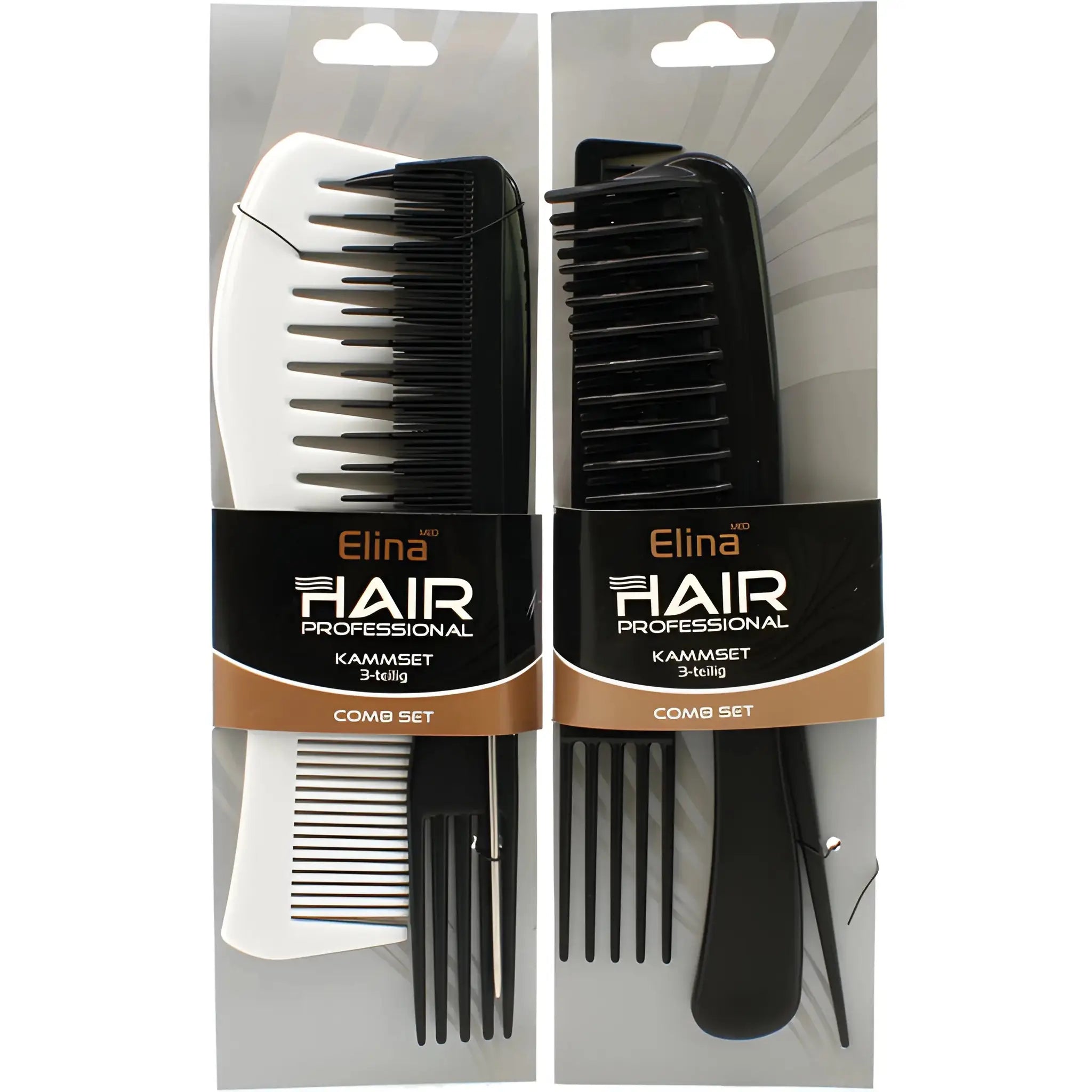 Kamset Elina Hair Professional 3-delars, svart och vit, för hårvård och styling