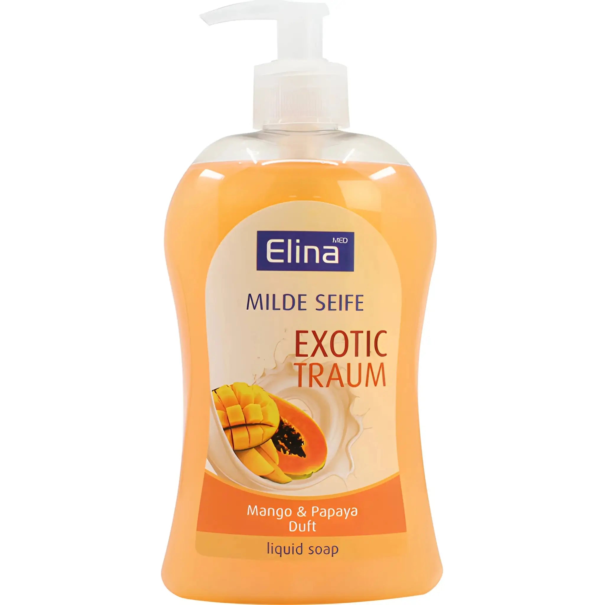 Flytande tvål med pump, mango och papaya doft, orange förpackning, exotisk tvål