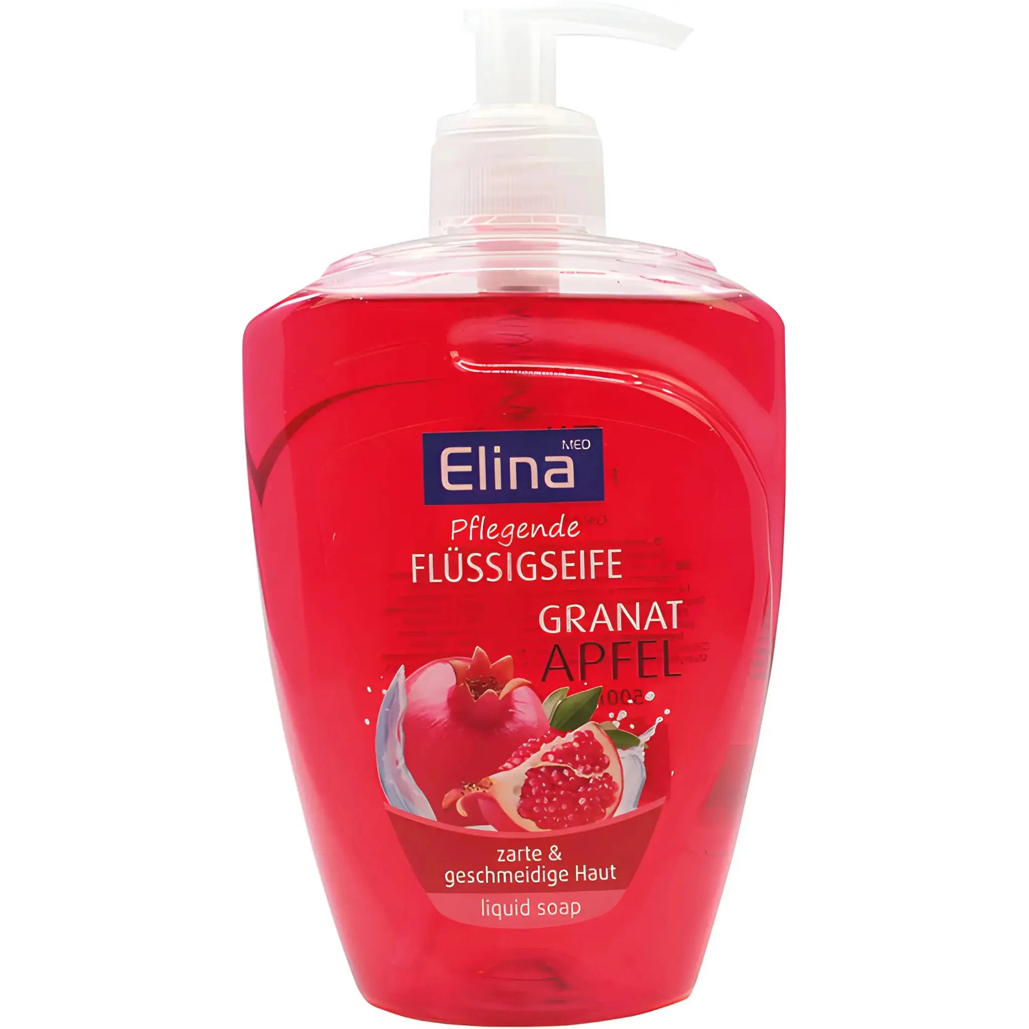 Flytande tvål med granatäppeldoft i röd pumpflaska, tydlig bild på etikett.