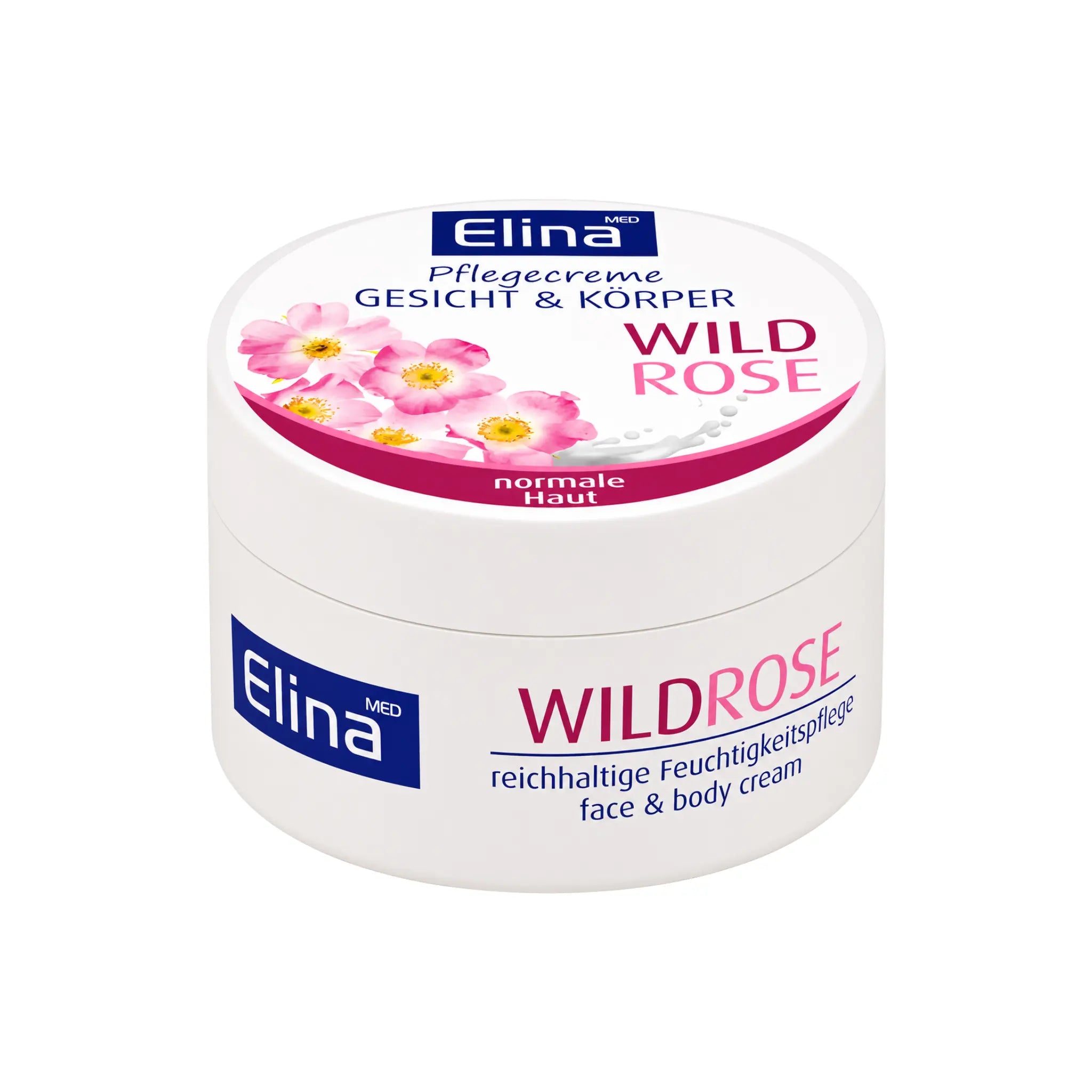 Elina Wildrose hudvårdskräm i vit burk med rosa lock och blomdekoration