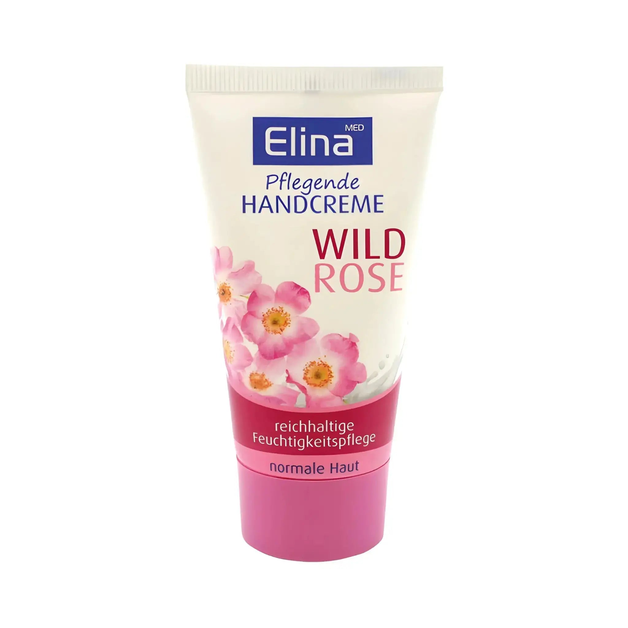 Handkräm med vildros, Elina 50ml, fuktgivande, tub med rosa blommor, för normal hud