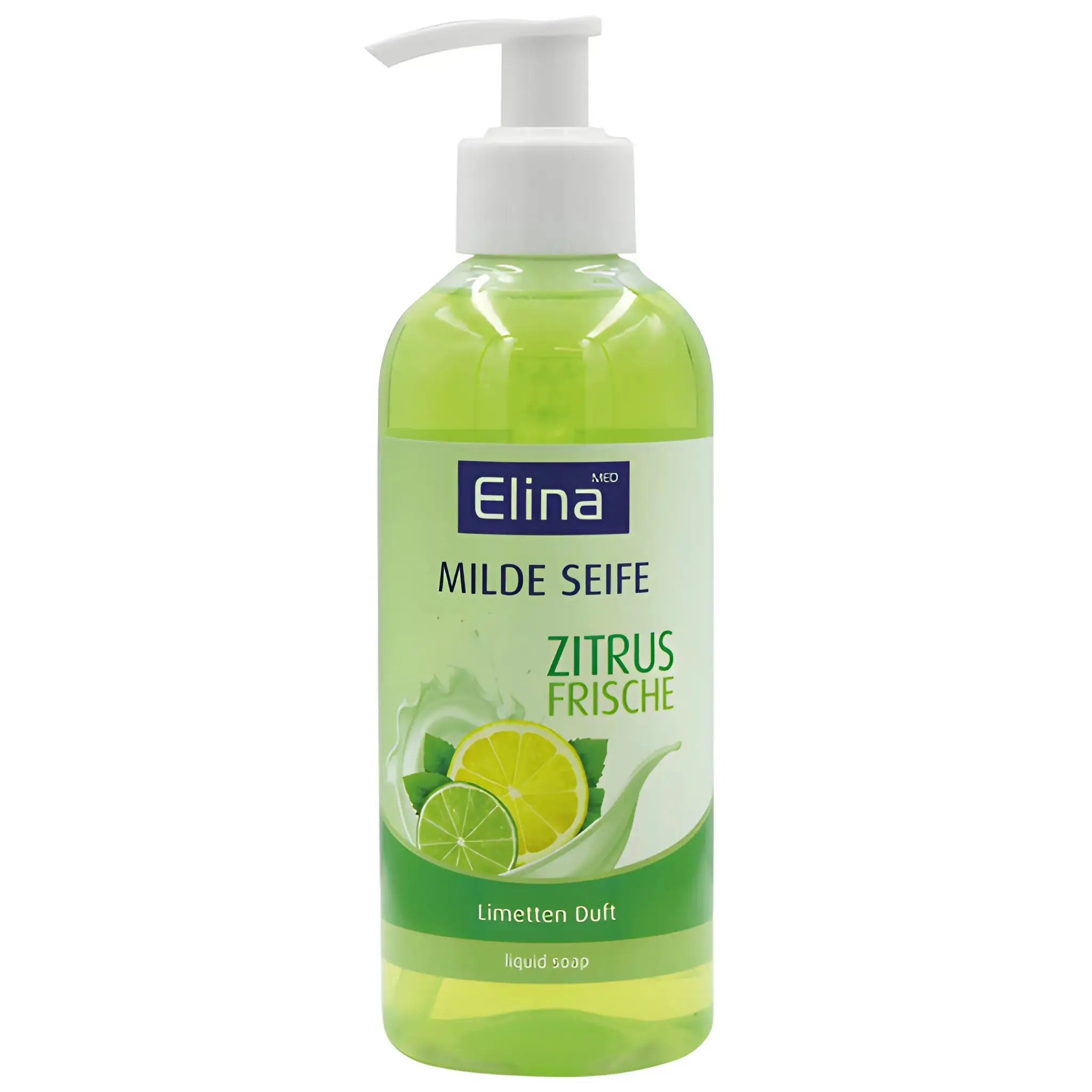Flytande citrus tvål med pump, grön färg, lime och citronmotiv på etiketten
