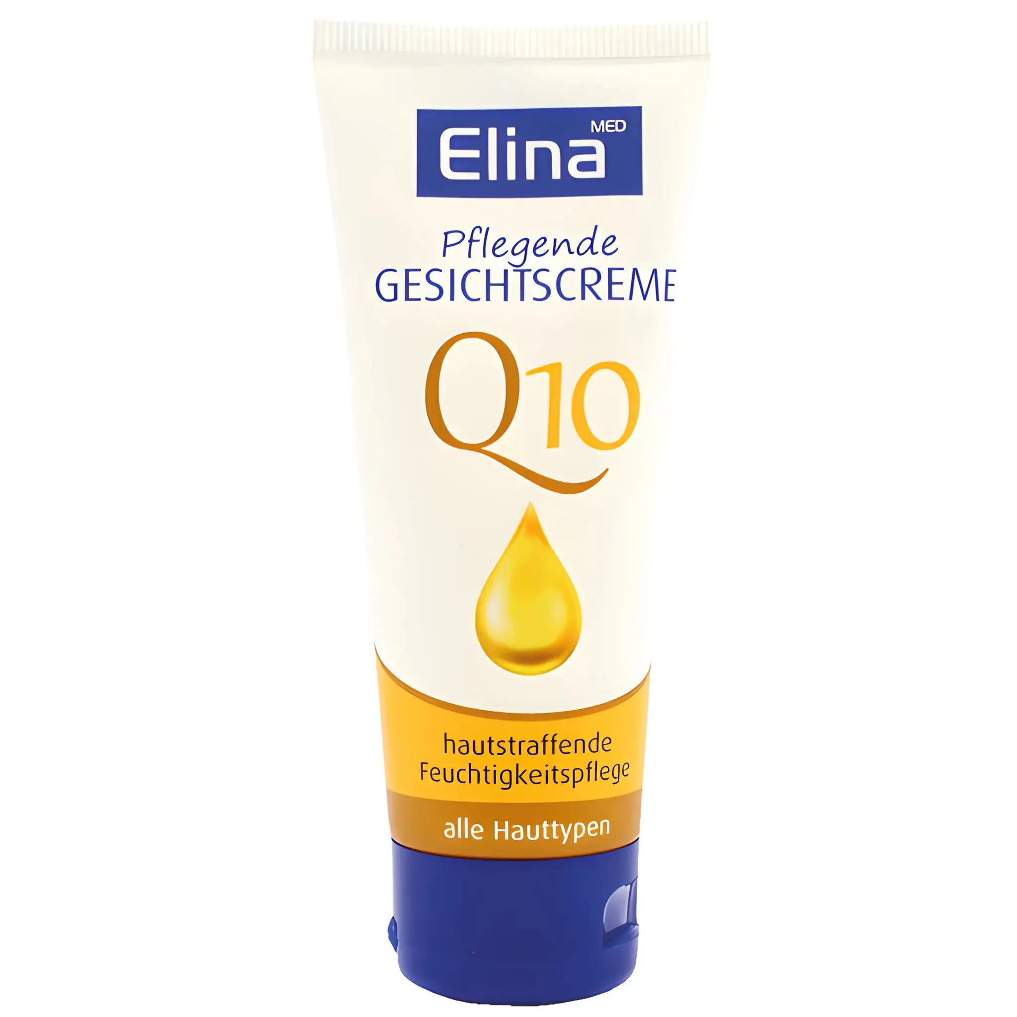 Elina Q10 ansiktskräm för alla hudtyper, tub med blå och gul design, fuktgivande hudvård