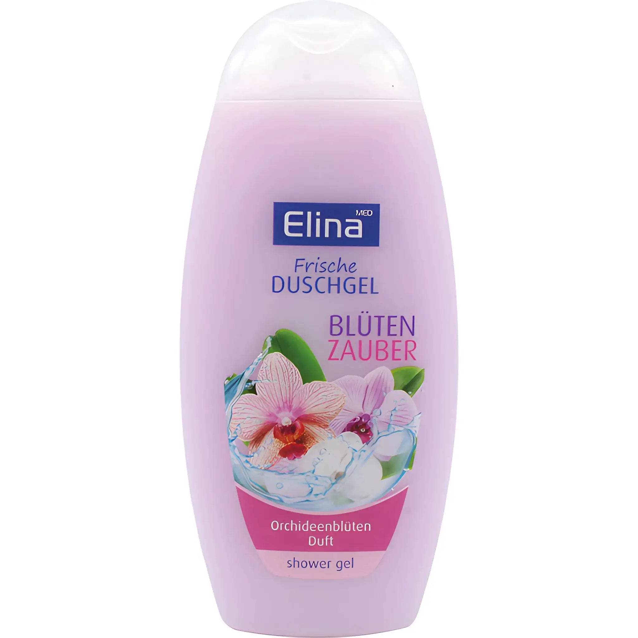 Elina duschgel med orkidédoft, lila flaska med blommotiv, duschgel för kroppsvård