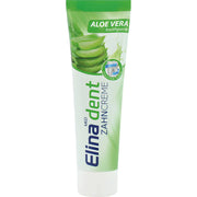 Tandkräm med aloe vera för känsliga tänder, grön och vit tub med bladmotiv.