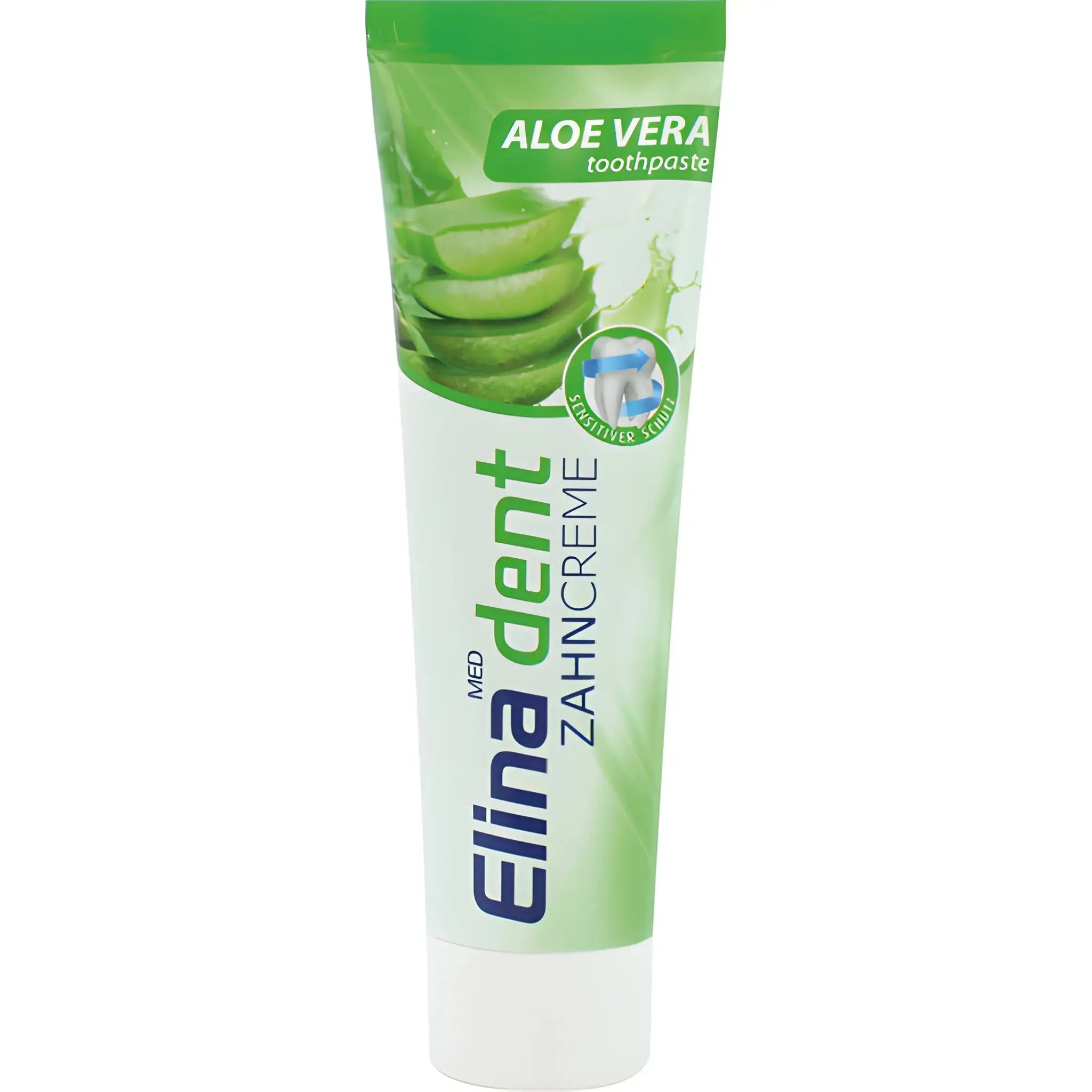 Tandkräm med aloe vera för känsliga tänder, grön och vit tub med bladmotiv.
