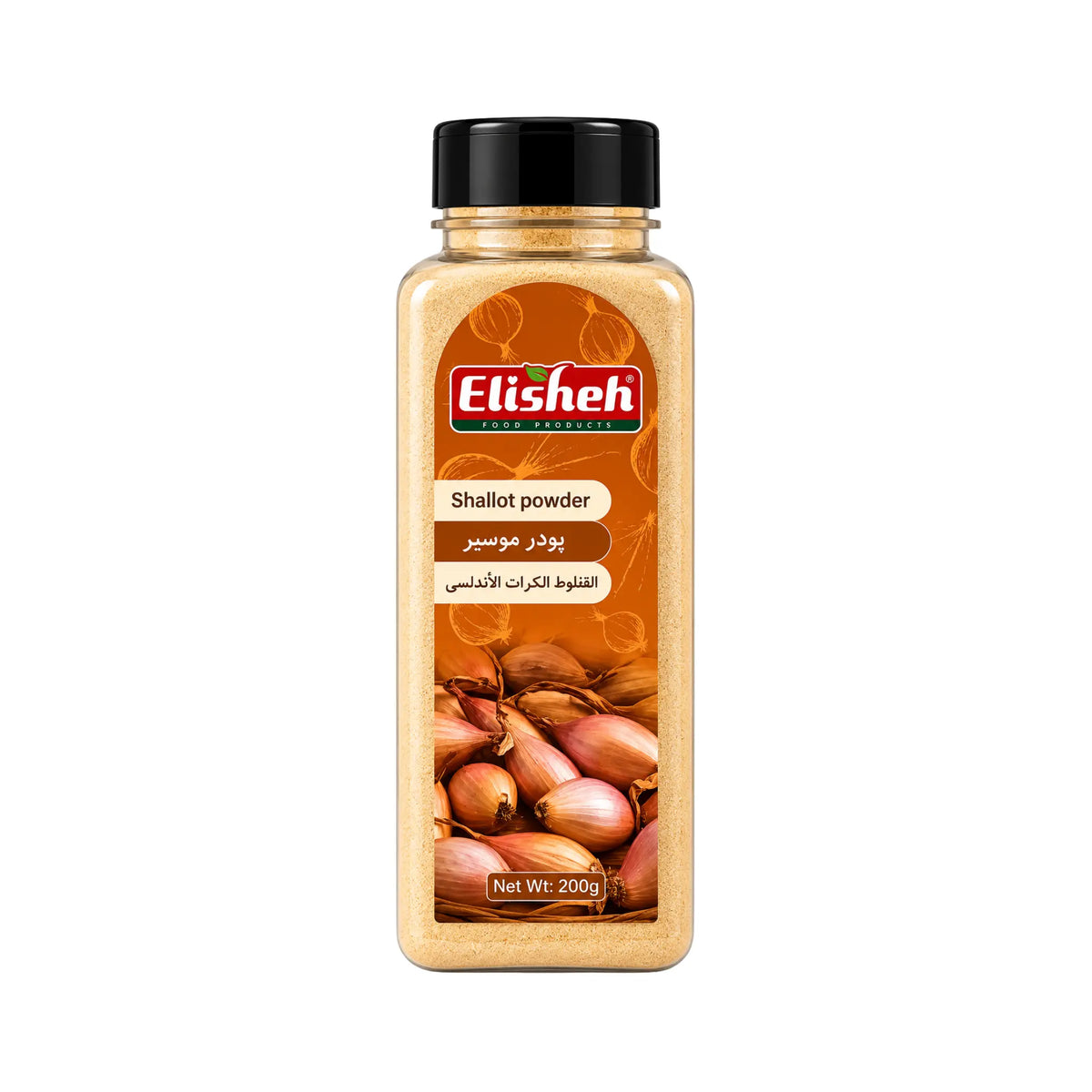 Elisheh schalottenlökpulver i glasflaska med svart lock och etikett, 200 g